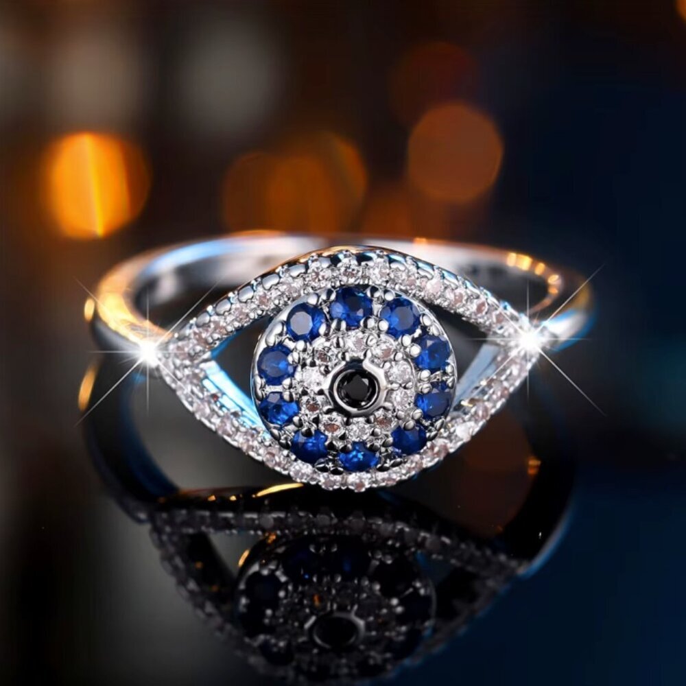 NEW 14k White Gold Blue Sapphire Evil Eye Diamond Ring
